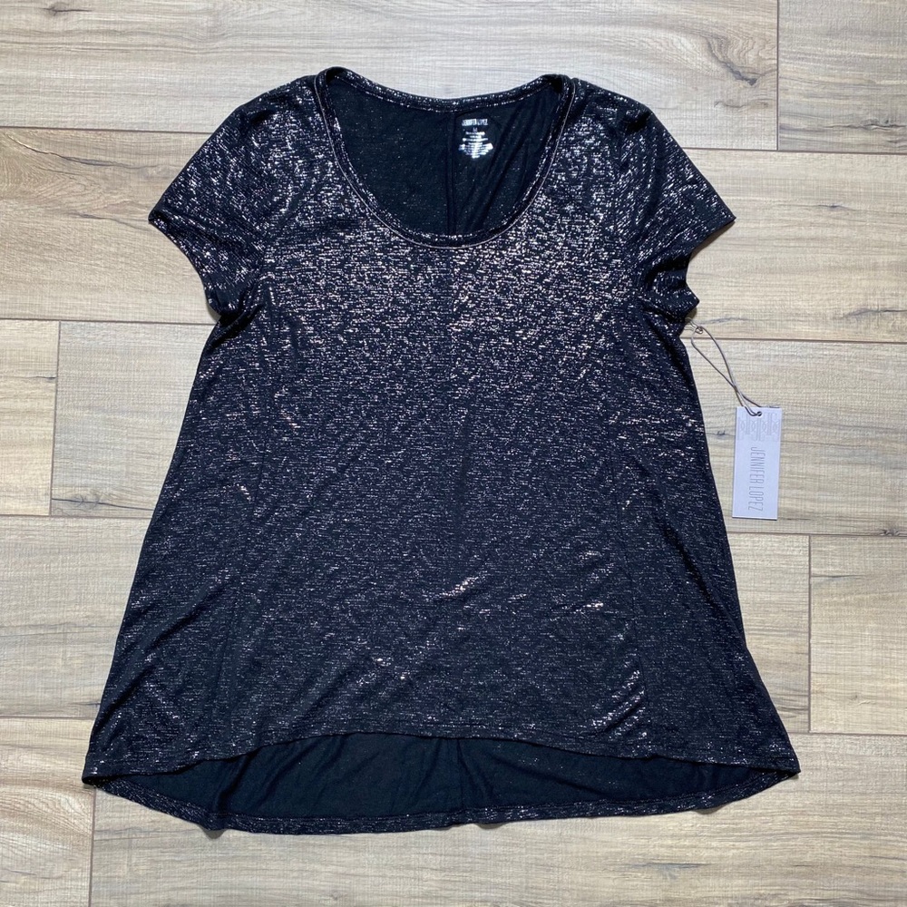 Jennifer Lopez Women's Seamed‎ Cascade Tee Size Medium Black And Silver Foil